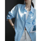 French Sea Blue Linen Shirt Women Thin Loose Temperament Old Money Style High-End Cotton-Sample Sunscreen Shirt