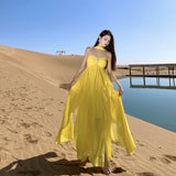Brass Hanging Neck Sexy Big Dew Long Dress Female Yellow Light Luxury High-End Feeling Leaf Side Holiday Dress