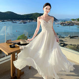 New French-Style White Moon Lace Spliced Back Summer Seaside Seaside Sling Dress