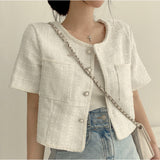 Korean Chic Spring And Summer French Small Fragrant Wind Pearl Buckle Round Necker Coarse Flowers Short Sleeves Jacket Topess