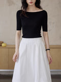 French Word-Collar Silk Seamless Knitted Shirt Women Summer Thin Five-Sleeve Temperament Top