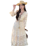 Bohemian Lyso Lace Hook Flower Super Fairy Apricot Long Dress Holiday High Waist Thin Horn Sleeve Dress