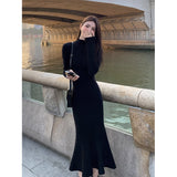 Hepburn Style Black With A Bottom Knitted Dress Women's Autumn And Winter With A Coat-Suit Long Sweater Fishtail Skirt