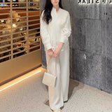Linen Platt Embroidered Retro Blue And White Shirt / High-Waisted Straight-Legged Trousers Girl Summer Old Money Set Women's Clothing