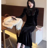 2025 Autumn And Winter New Bottom French Temperament High-End Display Body Black Korean Velvet Dress Dress Woman