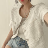 Korean Chic Spring And Summer French Small Fragrant Wind Pearl Buckle Round Necker Coarse Flowers Short Sleeves Jacket Topess