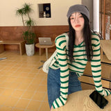 V-Neck Striped Knitted Jersey Women's Gas With Summer 2025 Early Autumn New Bottom Shirt Design Feeling Long-Sleeved Top