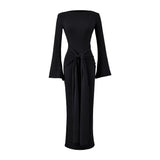 Rose Red Shoulder More Wearing French Spring And Autumn Sexy Dress Women Casual Commuting Horn Sleeves Thin Dress