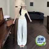 YC& Vintage Loose Broad Leg Trousers Twitching Cotton Hemp Thin Breathable Linen Straight Slacks Women