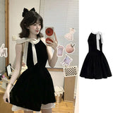 Black Sleeveless Hanging Neck Dress Women Summer French Temperament High-End Feeling Small Bow Bows Waist Short Skirt