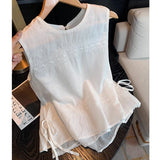 White Embroidery Linen Spliced Sleeveless Top Dress New Design Temperament Loose Thin Outer Wear Vest