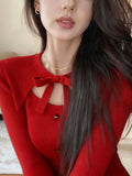 Vintage Gray Bow Tie With Knitted Bottom Shirt Female Design Feeling Autumn And Winter Hottie Hollow Long Sleeve Top