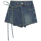 Fake Two A-Word Jeans Skirt Girl Summer Irregular Galow Tied Small Man Hot Girl Thin Short Skirt