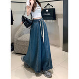 Real Shooting 2025 Korean Version Of The Retro Water Washing Tight Waist Draw Cowboy Half-Body Skirt In The Long Loose A-Word Big Swing Skirt