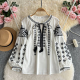 Vintage Embroidery Skin Breathable National Style Shirt Women Long Sleeves Loose Thin Tamples With Lantern Sleeve Commuter Top