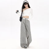 Lace Spliced Striped Straight Sleet Sleet Trousers Women's Autumn New Loose Display Thin Broad Leg Trousers Regular