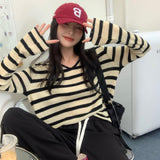 V-Neck Striped Knitted Jersey Women's Gas With Summer 2025 Early Autumn New Bottom Shirt Design Feeling Long-Sleeved Top