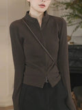 High-Level Fashion Casual Coffee Zippered Sweater Repair Slim Thin Temperament Trend Long-Sleeved Top