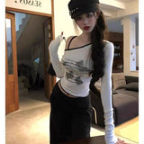 1*1 Threaded Devet Sweet Hottie Sexy Oblique Shoulder-Bottom Shirt Women Chic Short Long-Sleeved T-Shirt Print Top