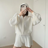 Waffle Knitted Blouse Female Full Zipper Hoodie Languized Retro Casual Outer Coat