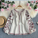 Vintage Lantern Long-Sleeved Round-Neck Embroidered Shirt Ethnic Wind Embroidery Escheasus Loose With Cotton Doll Shirt Top