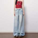 Blue Straight-Tight Texture High-Rise Broad-Legged Jeans Women 2026 Spring New Non-Legged Texture Mop Cotton