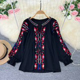 Spring And Autumn Vintage National Style Art Embroidery Round Collar Loose Thin Tsetse Cotton Shirt Women's Casual Top