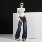 Micro-Rare Deep Blue Low-Rise Jeans Women Spring And Autumn Retro New Leisure Pants Deep Blue Trousers Cyanidbuting