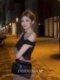 Hot Black Open Shoulder Irregular Short-Sleeved T-Shirt Design Summer Design Repair Height Waist Babes Short Top