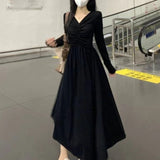 Long-Sleeved New 2025 Design French Temperament Dress Retro-Skinny Bottom Wrinkles