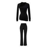 Kardashian Comfortable Skin Irregular Collar Repair Body Folded Waist Trousers Autumn Casual Set