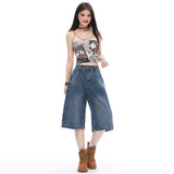 Vintage Paris Buckle Design Bamboo Denim Fabric Seven-Point Broad Leg Pants 2026 New Women's Thin Summer