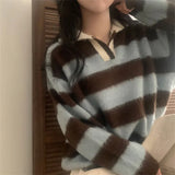 South Korea Chic Autumn And Winter New Lazy Wind Hit The Striped Polo Collar Cover Plush Knitted Sweater 4 Colors
