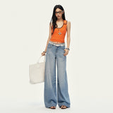 Ice Silk Les Leslery Cotton Cool Jeans Women 2026 Summer Thin Skin Breathable Broad Leg Pants Burst