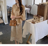 Suspension Wood Tiling Australian Woolen Two-Color Cloak Open Shirt | Lace Skirt | Wool Petals Knitted Skirt