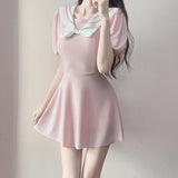 2026 New Navy Collar Skirt Female Fat Sister French Fairy Short Sleeve Long Skirt Swimsuit