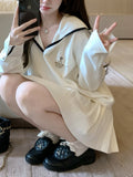 Confession Balloon College Soft-Skinny Knitted Knitted Set Cream Blouse Lanky Skirt Lanky
