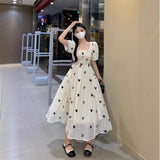 [There Is Inside] Square Collar Bubble Sleeves Shredded Flower Dress Women Summer Pear Shape Body Slightly Fat Wearing French Long
