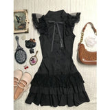 French Retro Splicing Atmosphere Dating Wearing Lace Flying Sleeves Cake Dress