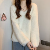 Winter New Women's Gentle Wind Temperament Knitted Sweater Soft Glutinous Wind V Collar Lazy Top Loose Water Marinade