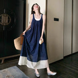 Blue Lattice Sleeveless Dress French Literary Style Retro Small Fresh Holiday Sling Vest Long Dress