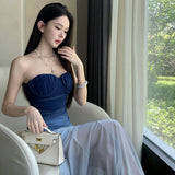 Gradient Blue Pure Holiday Style Niche High-End Sense Of The Ass Tail Tective Net Yarn Dress
