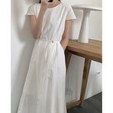 Korean Ins Temperament Simple Summer Cool Feeling Round Neck Short Sleeves With Long Dress 3 Colors