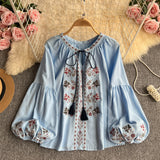 Bohemian Retro Embroidered Print Long-Sleeved Shirt For Women's Spring New Loose Cardigan Commuter Top