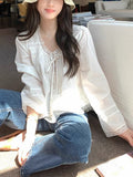 Zhong Lingyin Show Elegant Exquisite Details Feel Solid Color 100 Cotton Lace Shirt Women Summer T-Shirt