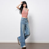 Blue High-Rise Elastic Straight Jeans Women 2026 Spring New Non-Legged Slim Texture Wide Leg Pants