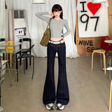 Autumn New Retro Front Open Bag Design Loose Micro-Rare Women Jeans Women's Tanning Blue Trousers