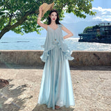 2025 Fairy Gas Handmade Three-Dimensional Flower Dress Two-Piece Wooden Ear Curling Resort Sling Suit