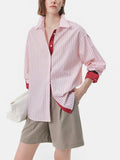 [Spring Day Sweet Tea] Striped Long Sleeve Pink Shirt Woman 26 Spring And Summer Design Senses Slack Tie