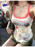 1075# Human Cotton Babes Letter Print Sling Vest Dopamine Outer Design Slim Slim Short Top